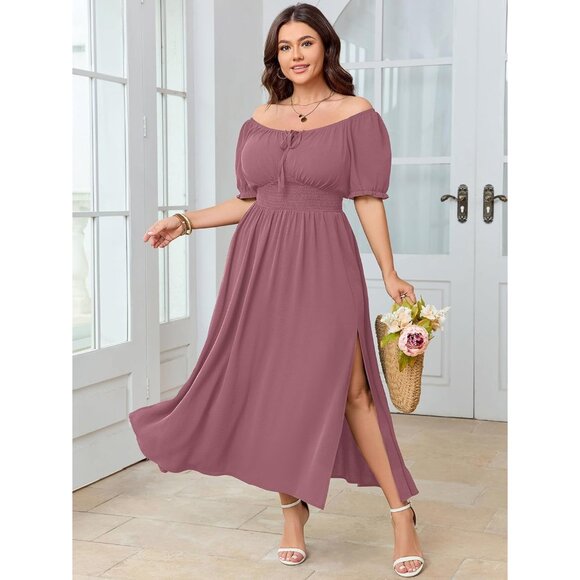 Plus Size Maxi Dress Smocked Square Neck Short Sleeve Flowy Long - Picture 3 of 6